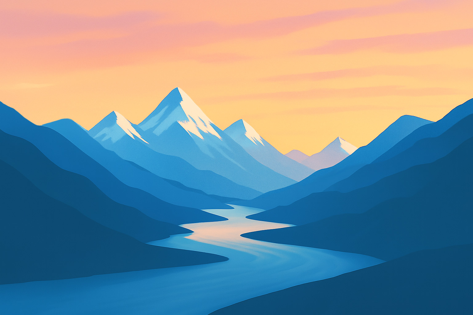 Warm sunset sky over blue mountains