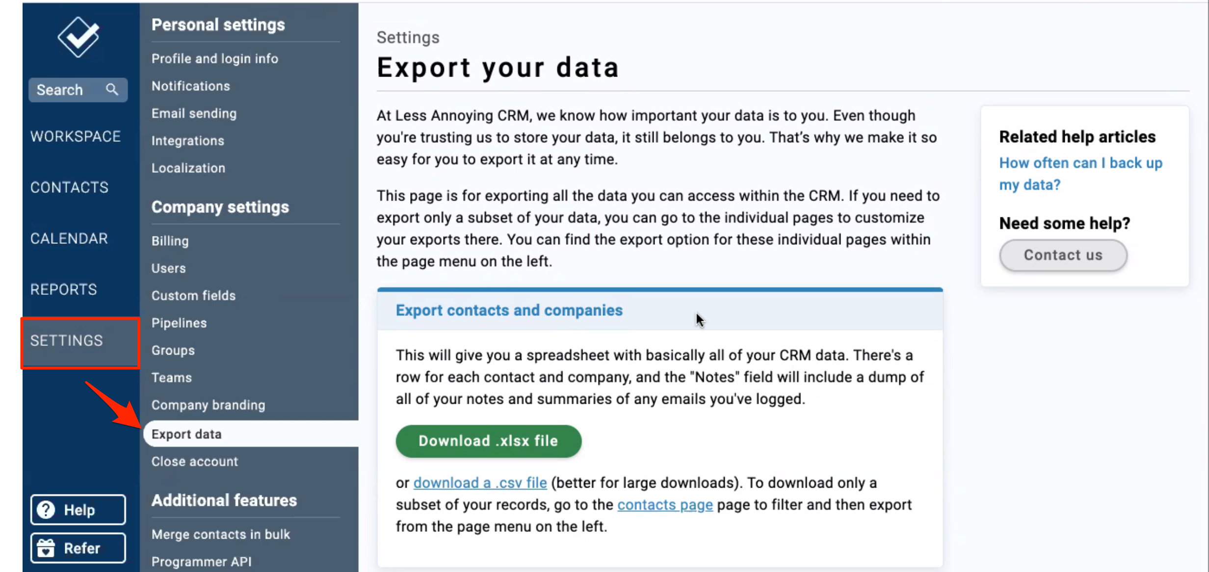 Export Data - Less Annoying CRM