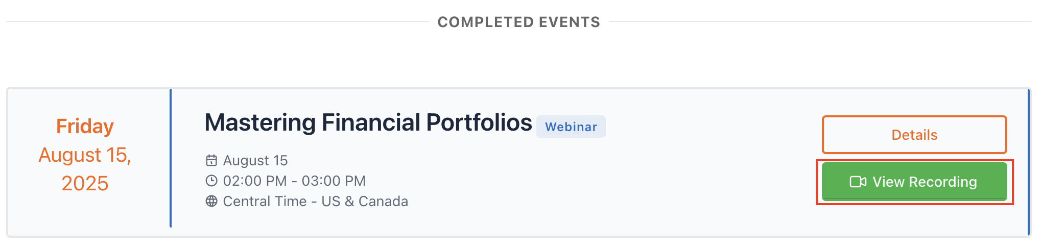Completed events and recording link settings