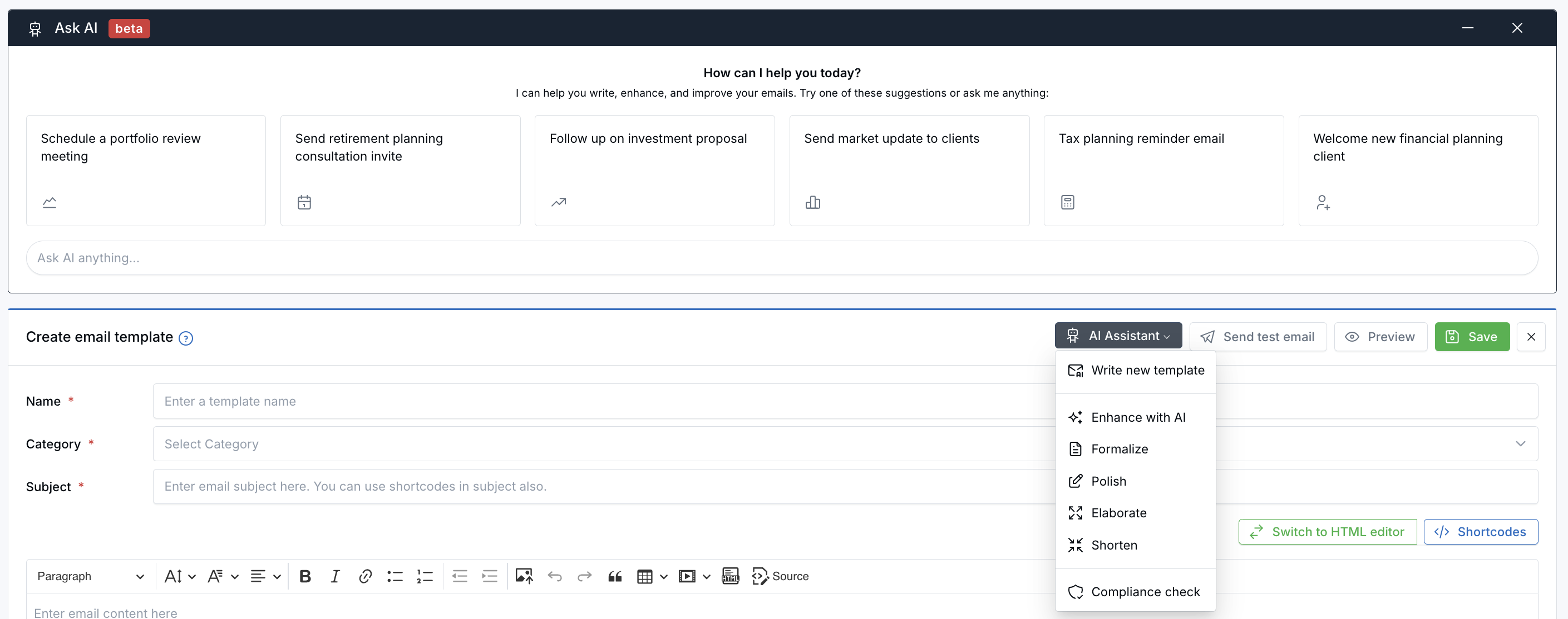AI Assistant button in email/text templates