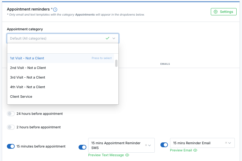 Appointment reminders by category dropdown