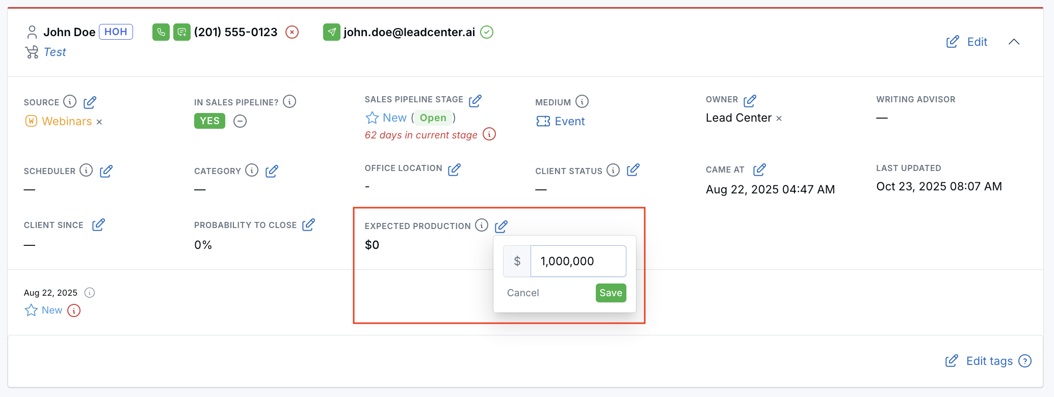 Expected Production field in contact details