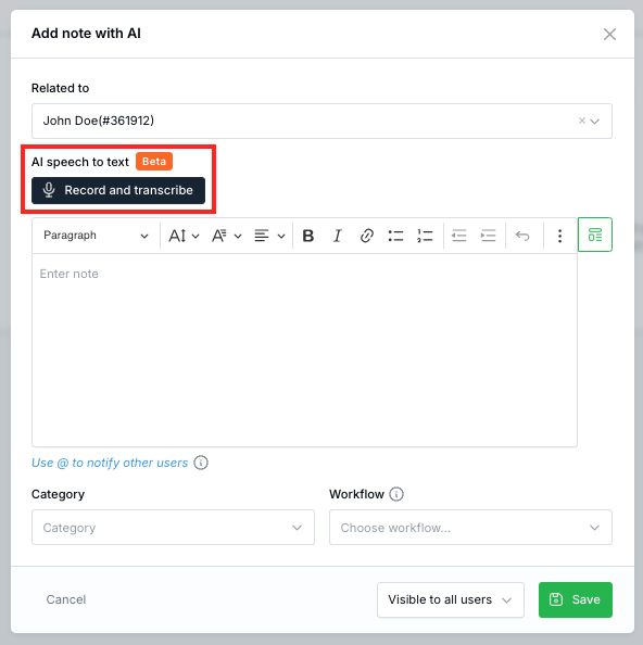 AI Speech-to-Text feature in notes