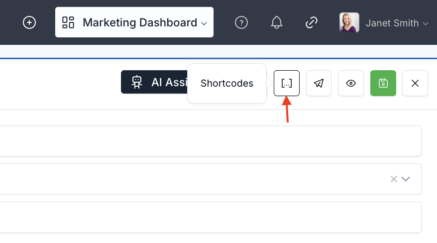 New shortcode button in email and text templates