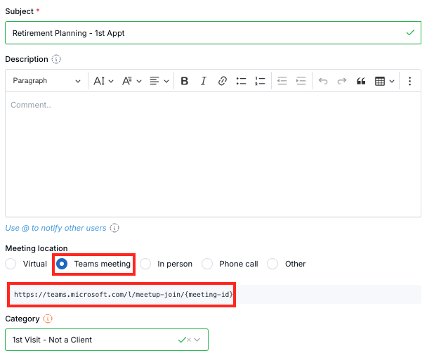 Microsoft Teams meeting option in appointment settings