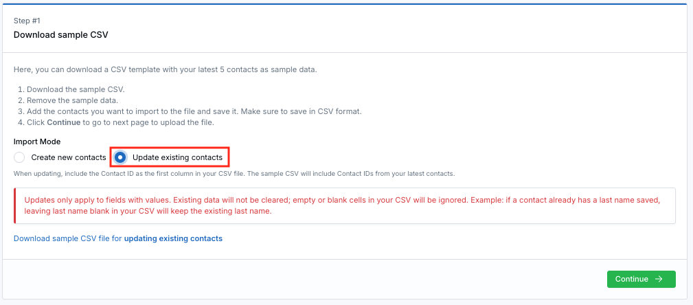 Upload contacts and select Update existing contacts