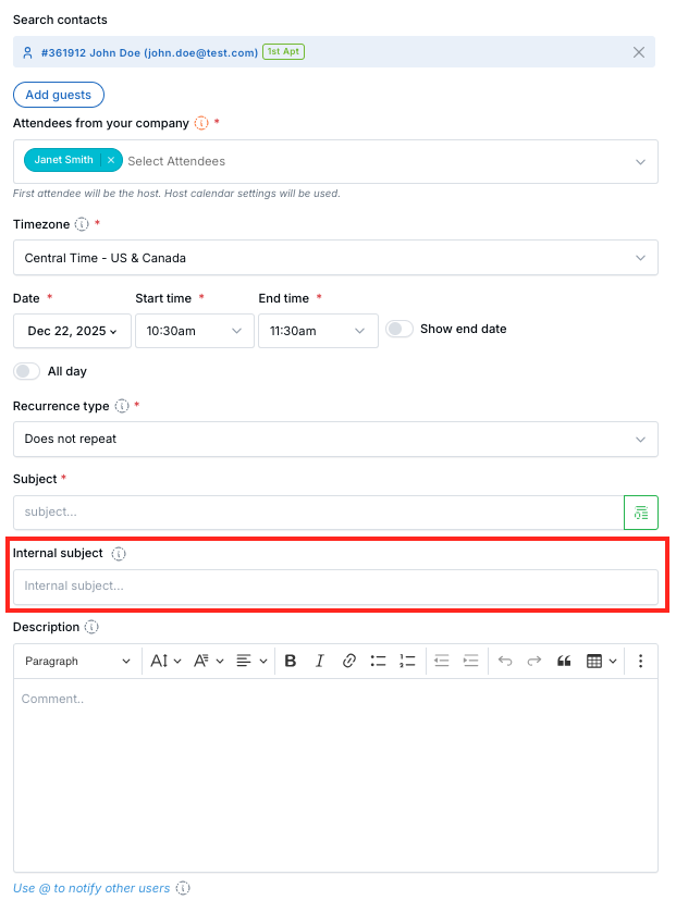 Internal subject field when creating an appointment