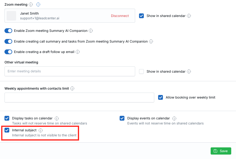 Enable Internal Subject from calendar Basic Details settings
