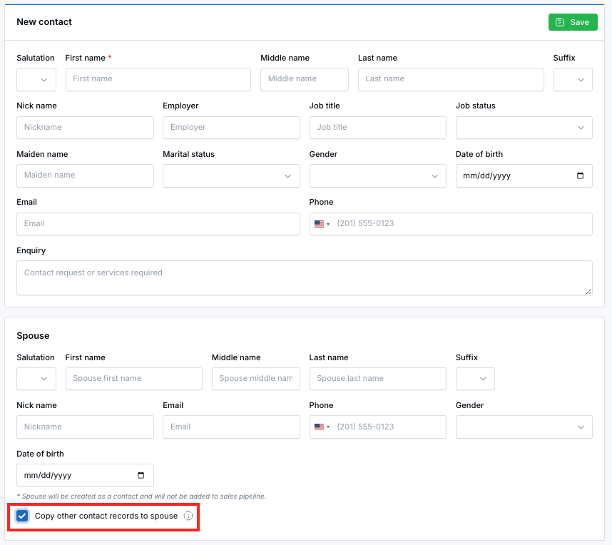 Copy records to spouse option when creating a contact