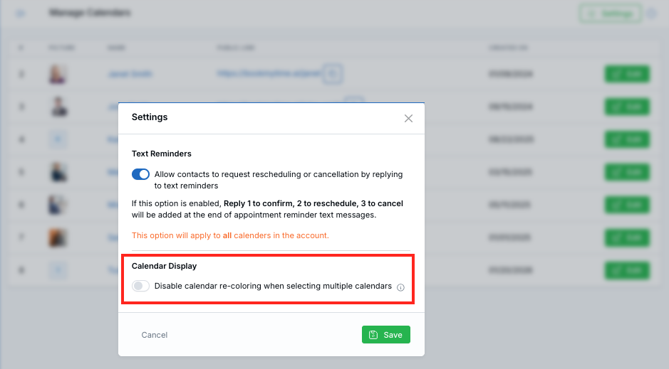 Calendar display settings for disabling calendar colors