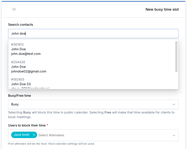 Time block with contact selected in LeadCenter