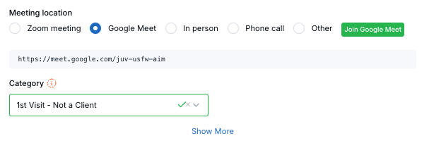 Google Meet selected as meeting location in LeadCenter appointment