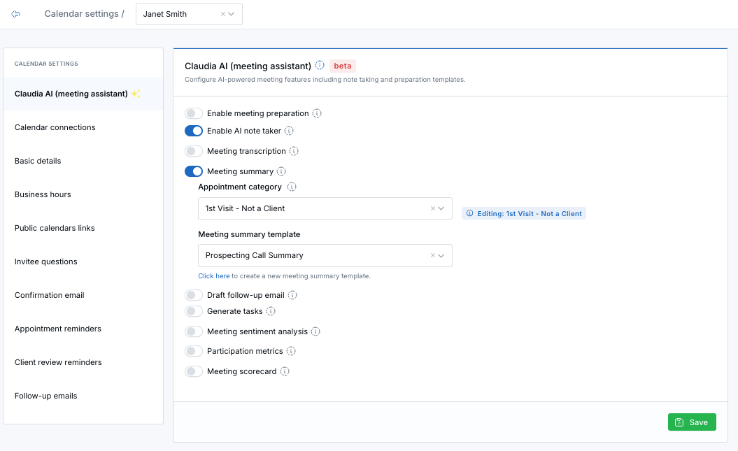 Claudia AI Meeting Assistant Settings in Calendar