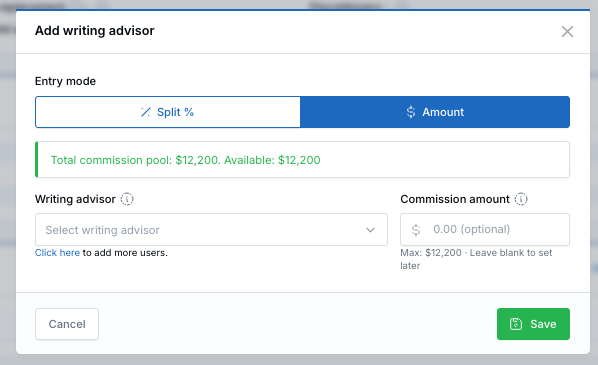 Add Writing Advisor using Amount Mode in LeadCenter
