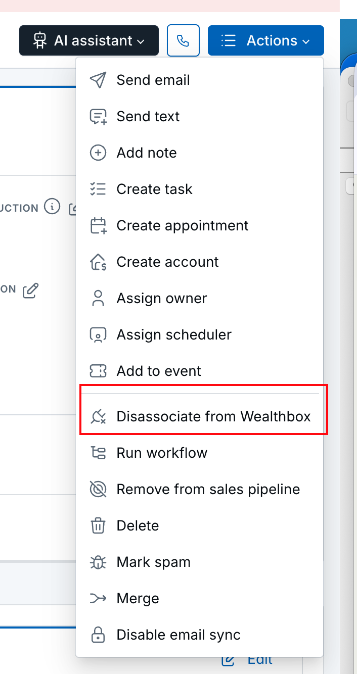 Contact action menu with Disassociate from Redtail and Disassociate from Wealthbox options