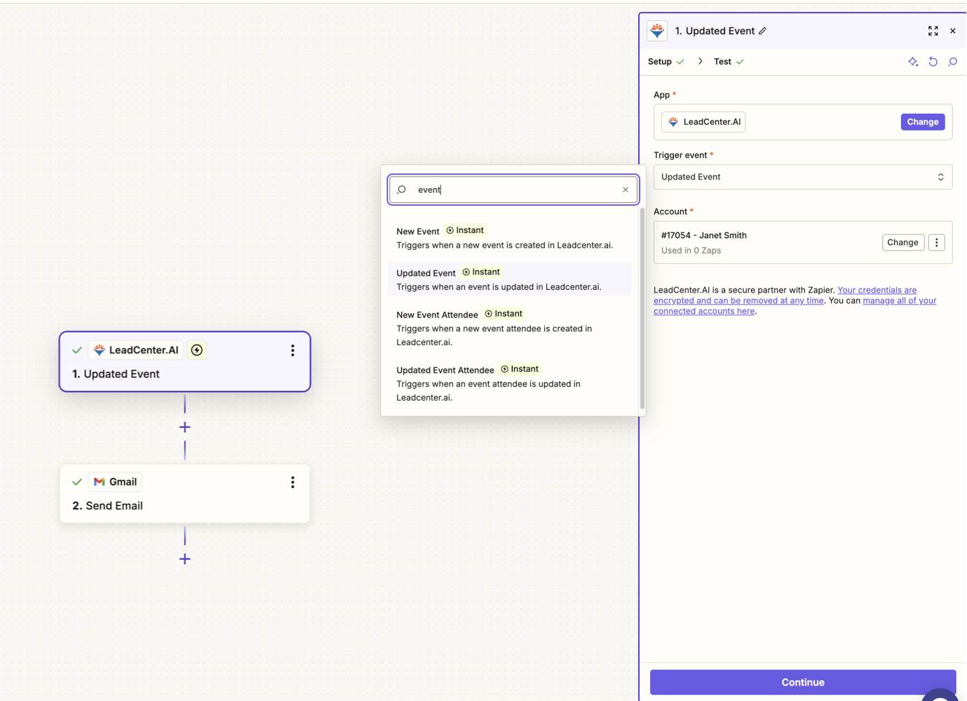 Zapier showing LeadCenter Seminar and Attendee triggers