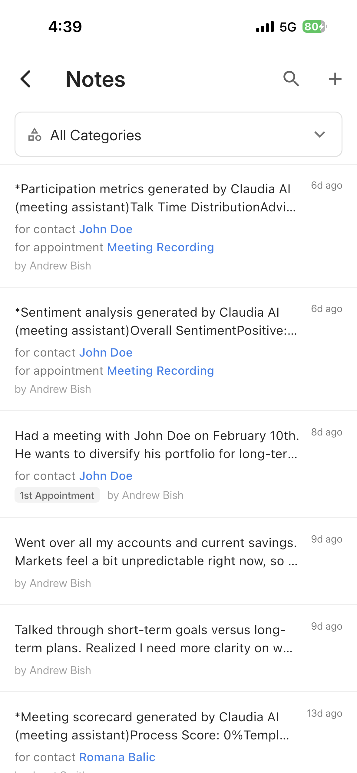 Notes list with category filter and notes previews