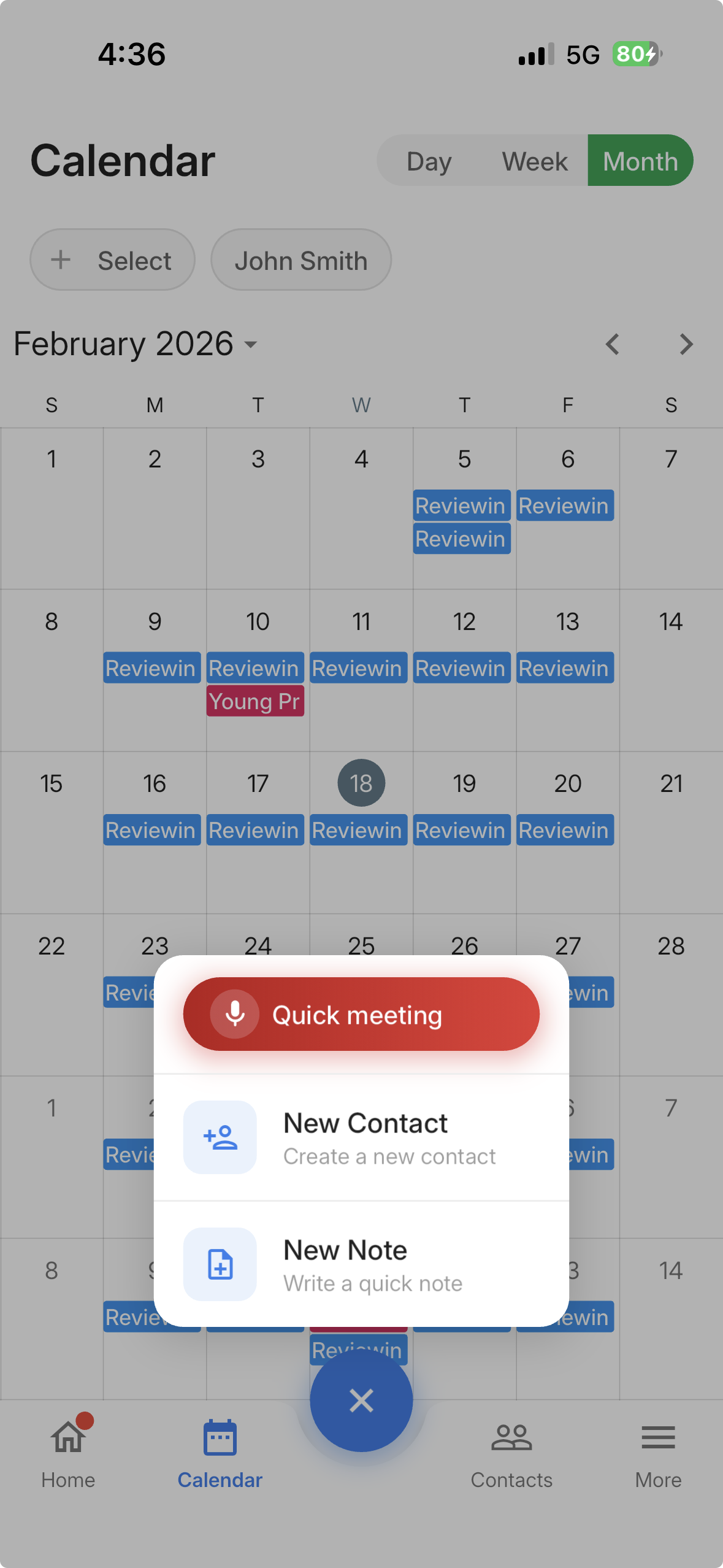 Quick Actions menu showing Quick meeting, New Contact, and New Note