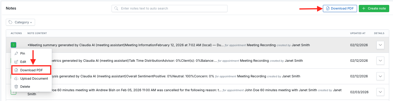Download notes as PDF from the notes menu