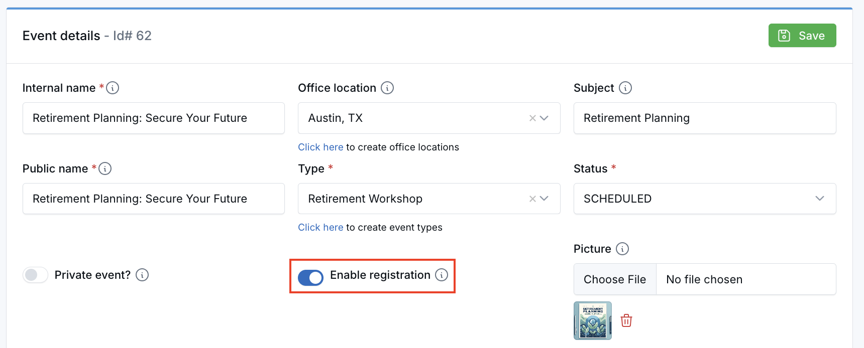 Enable registration toggle on the Event Details tab