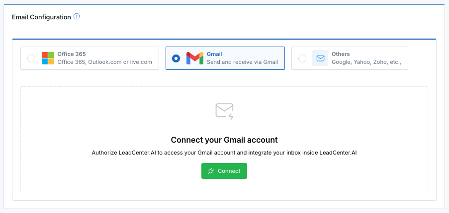 Email Settings showing Gmail selected and the Connect button