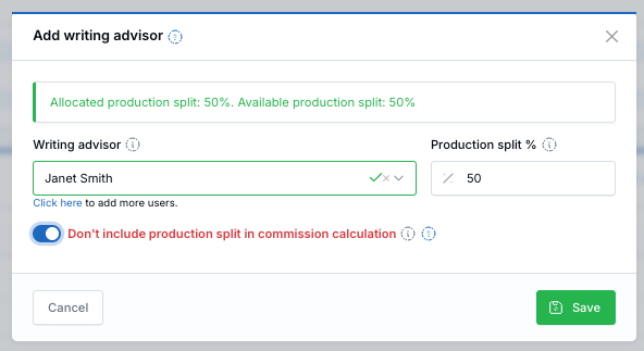 Writing Advisors: toggle for “Don't include production split in commission calculation”