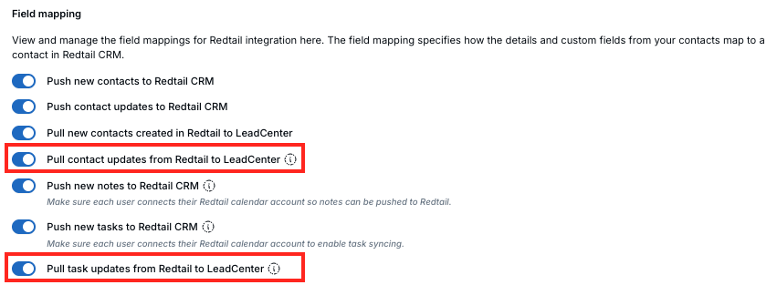 Redtail configuration showing the contact updates and task updates sync options