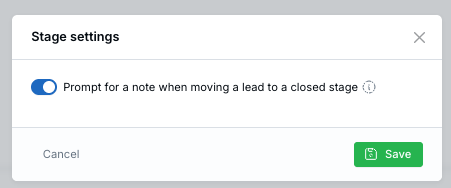Stage settings showing the closed stage note prompt toggle