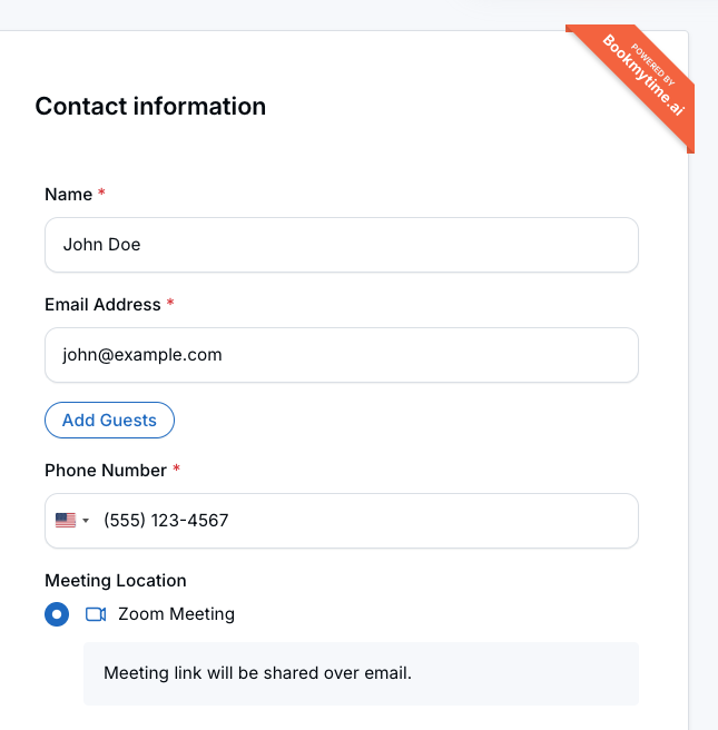 Public calendar booking form with name, email, and phone fields pre-filled