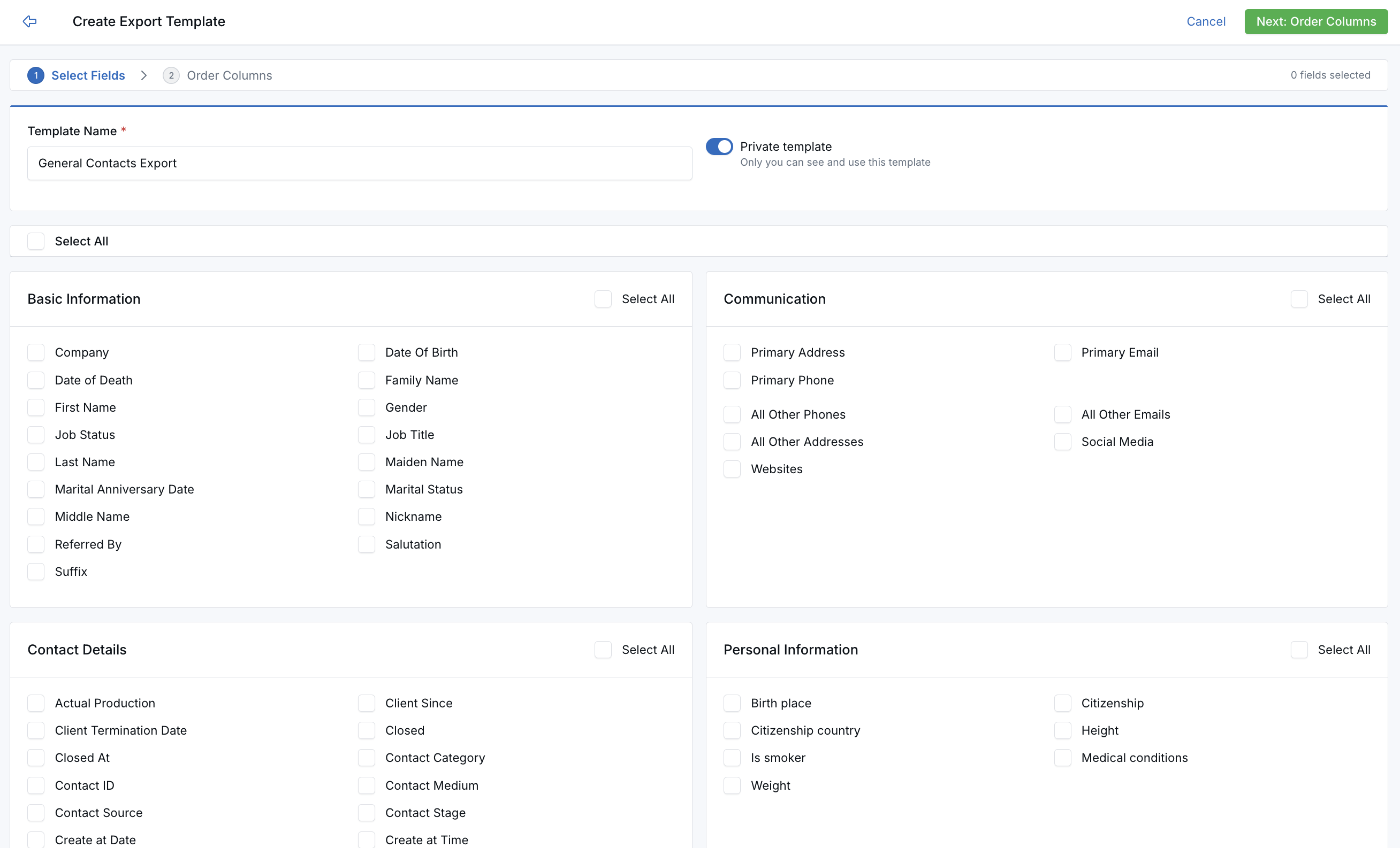 Create Export Template screen showing field selection and private template option