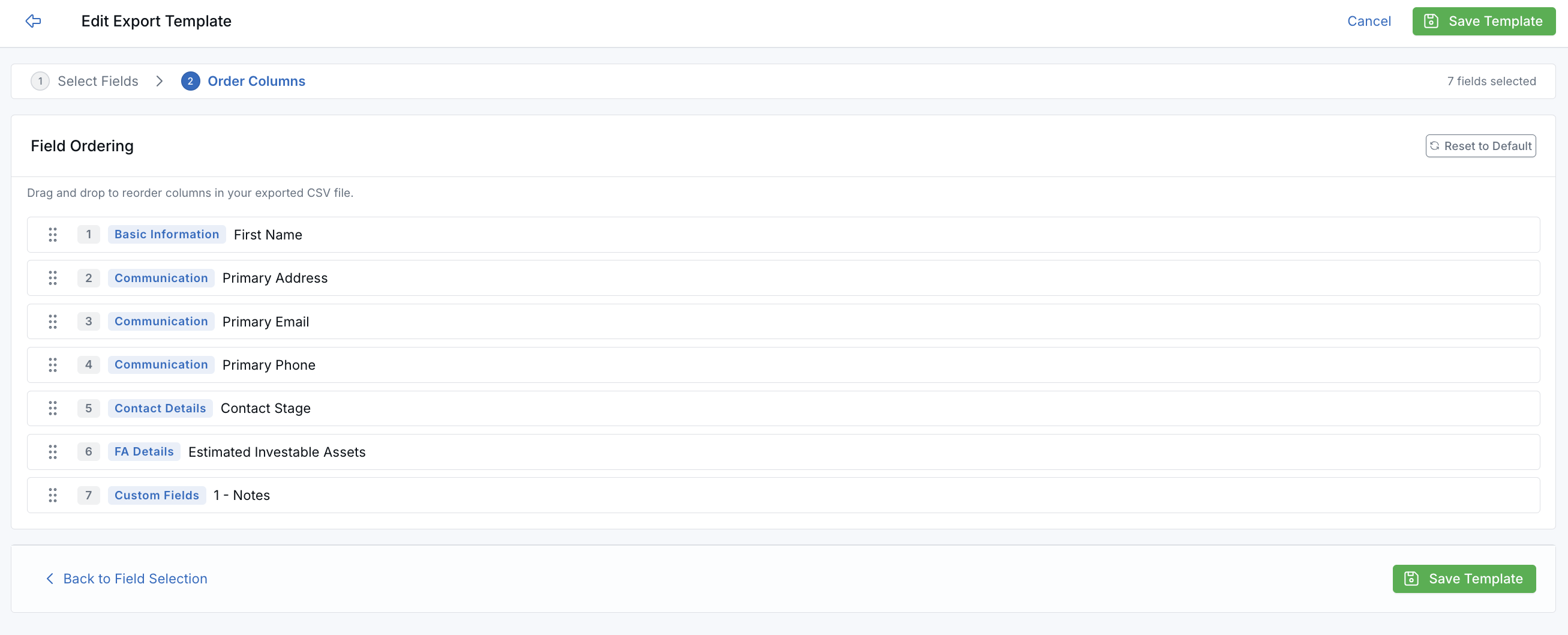 Create Export Template screen showing column ordering with drag and drop