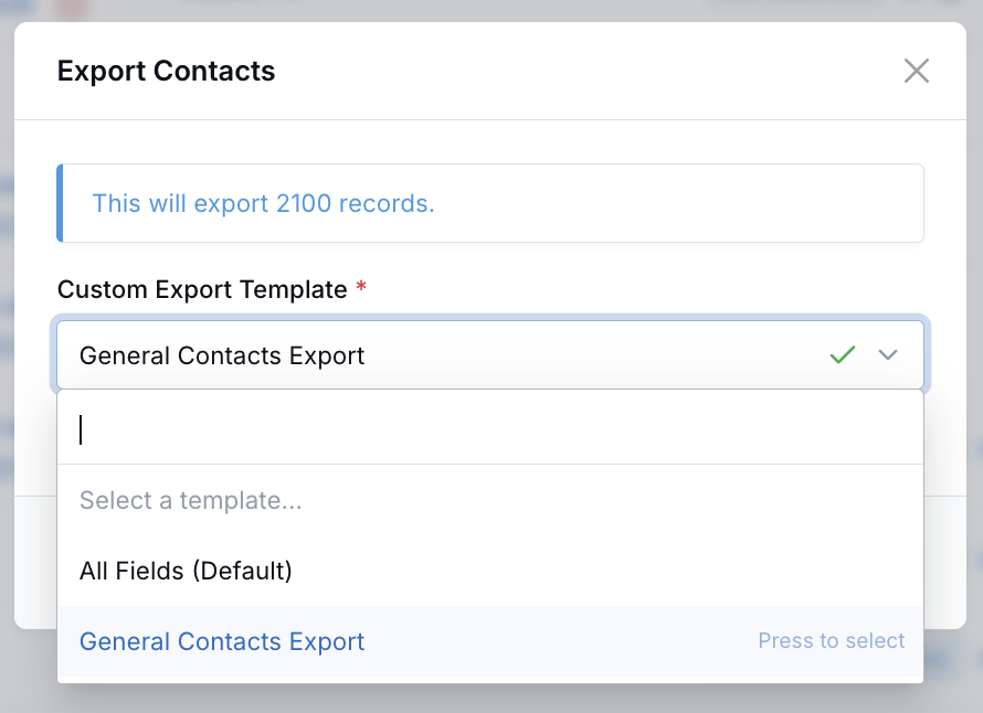 Export Contacts pop-up showing custom export template selection