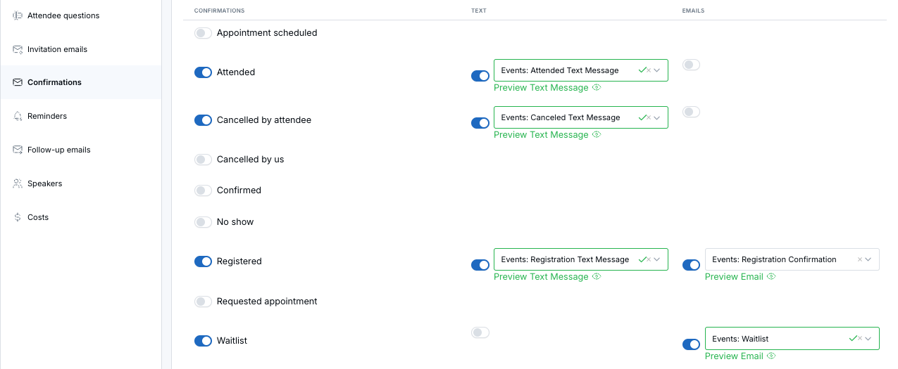 Event confirmations settings showing email and text confirmation options by attendee status
