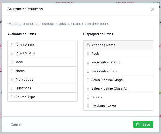 Customize columns modal for the Event Attendees page showing available and displayed columns