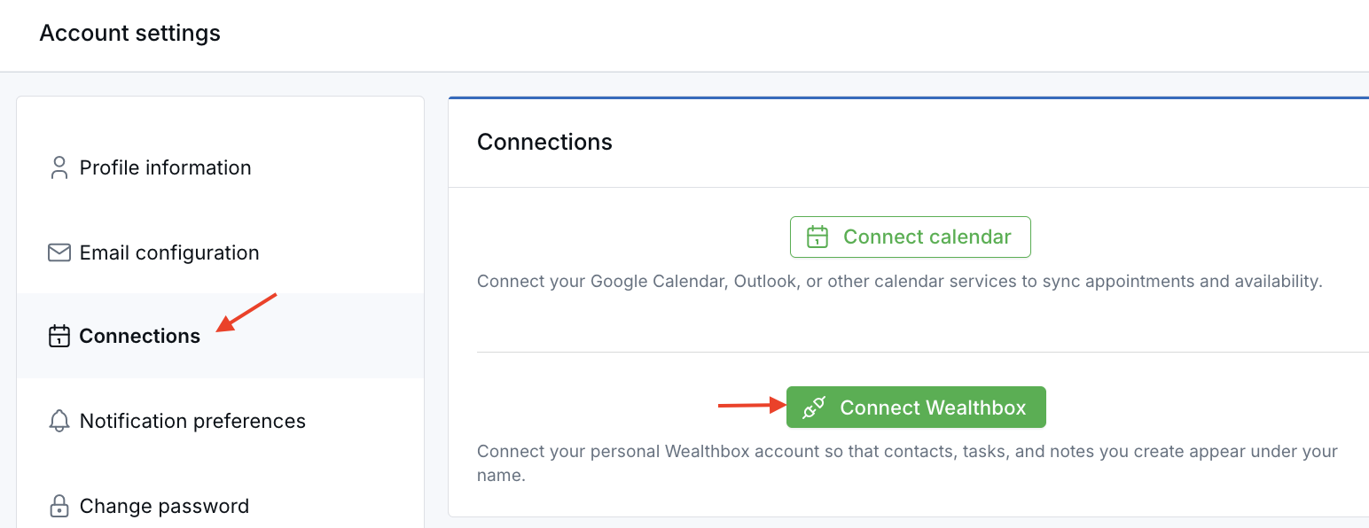Personal Profile Connections page showing the Wealthbox connection option