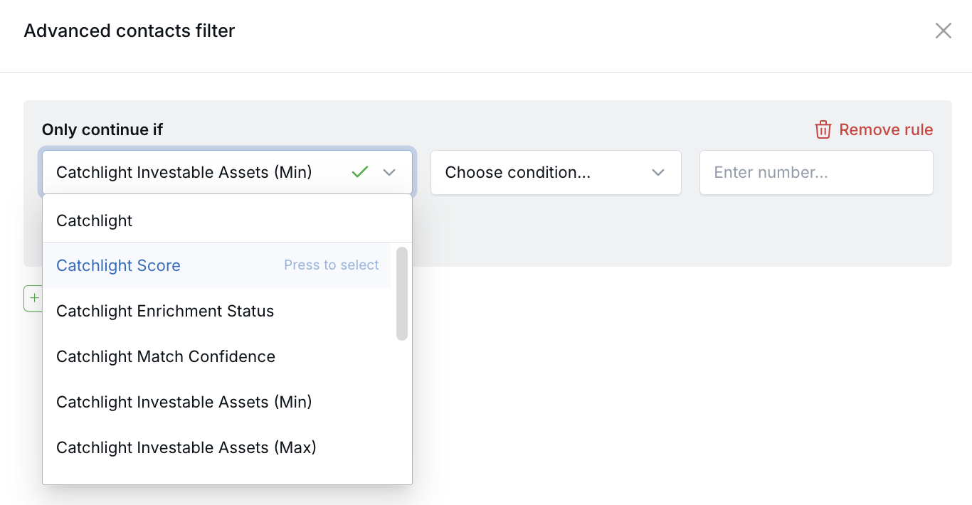 Advanced filter panel showing Catchlight fields in the dropdown