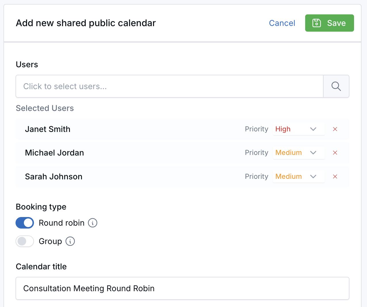 Shared calendar settings showing selected users and priority levels for round-robin booking