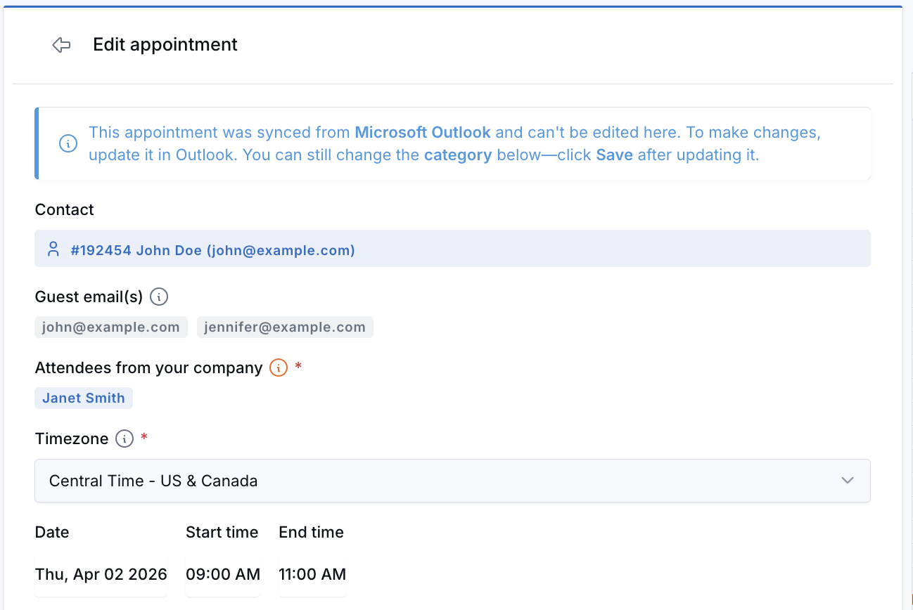 Read-only external appointment in LeadCenter showing the Outlook sync message and locked event details