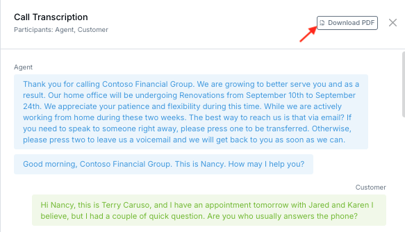 Transcript viewer showing the Download PDF button for a call or meeting transcript