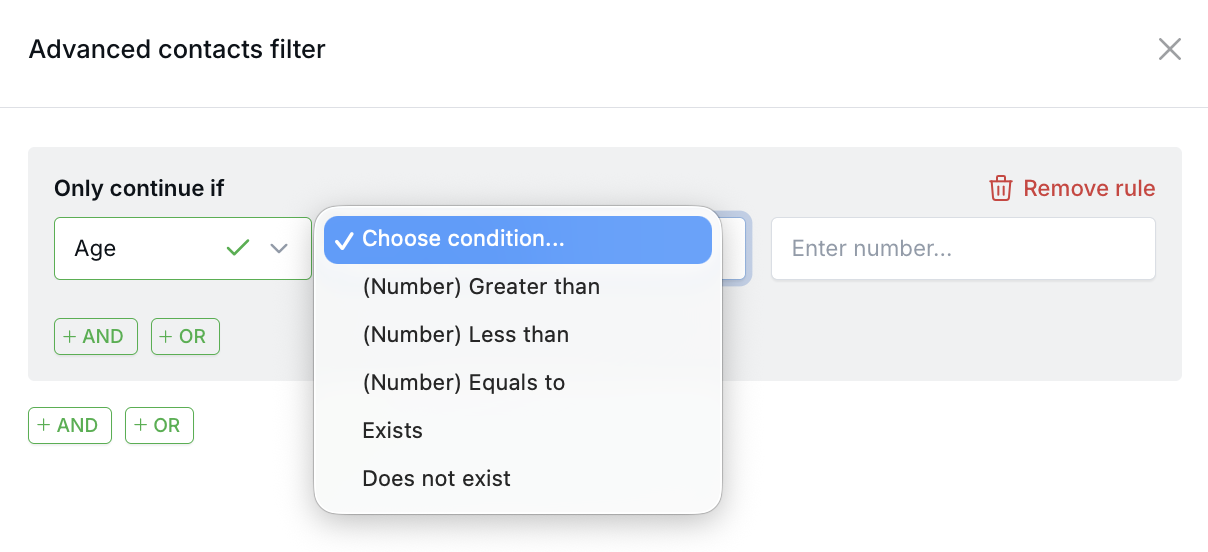 Advanced contacts filter showing Age selected with available filter conditions