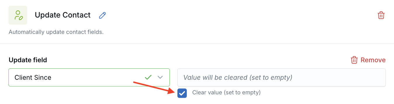 Update Contact workflow action showing the Clear value set to empty option