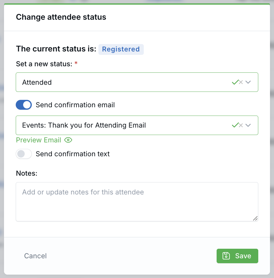 Change attendee status modal showing confirmation email and text options with template selection