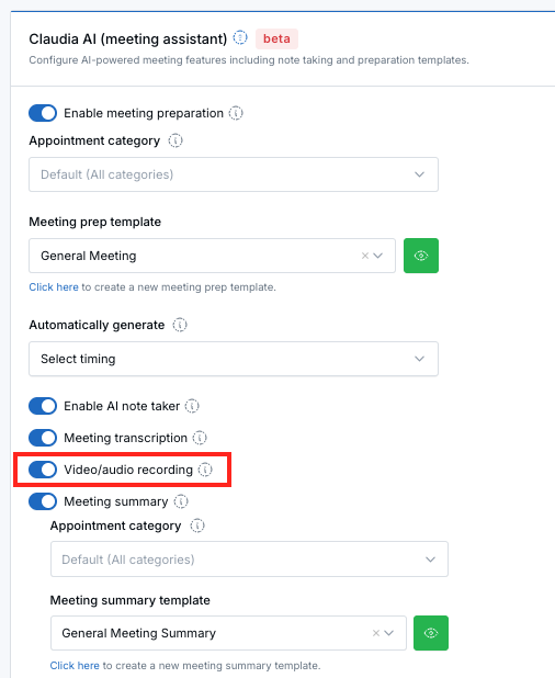 Calendar settings showing Video/audio recording enabled in Claudia AI meeting assistant