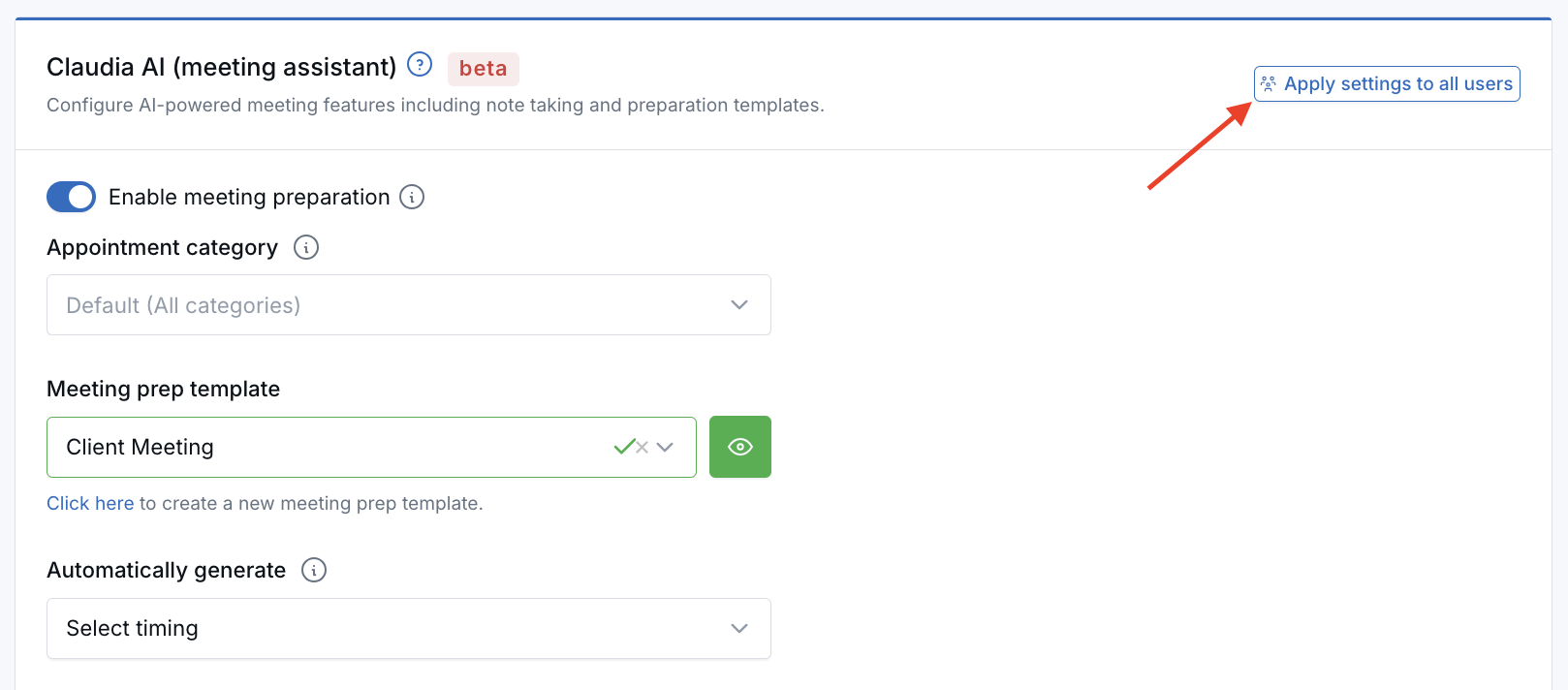 Claudia AI meeting assistant settings showing the Apply settings to all users button
