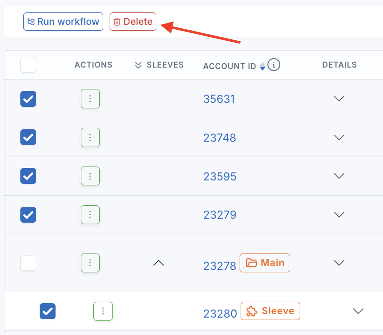 Accounts listing page showing multiple selected accounts and the Delete button in the action bar
