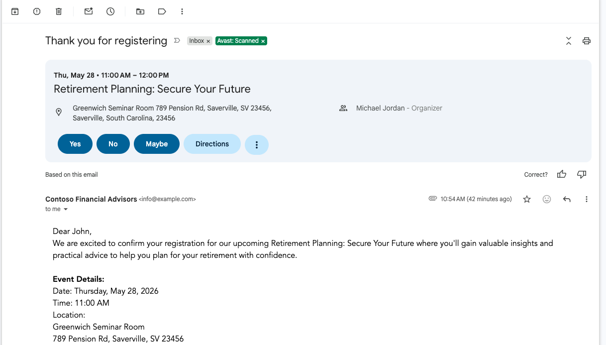 Event confirmation email showing the calendar invite added to the attendee's calendar