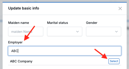 Update basic info pop-up showing the Employer field searching for an existing company
