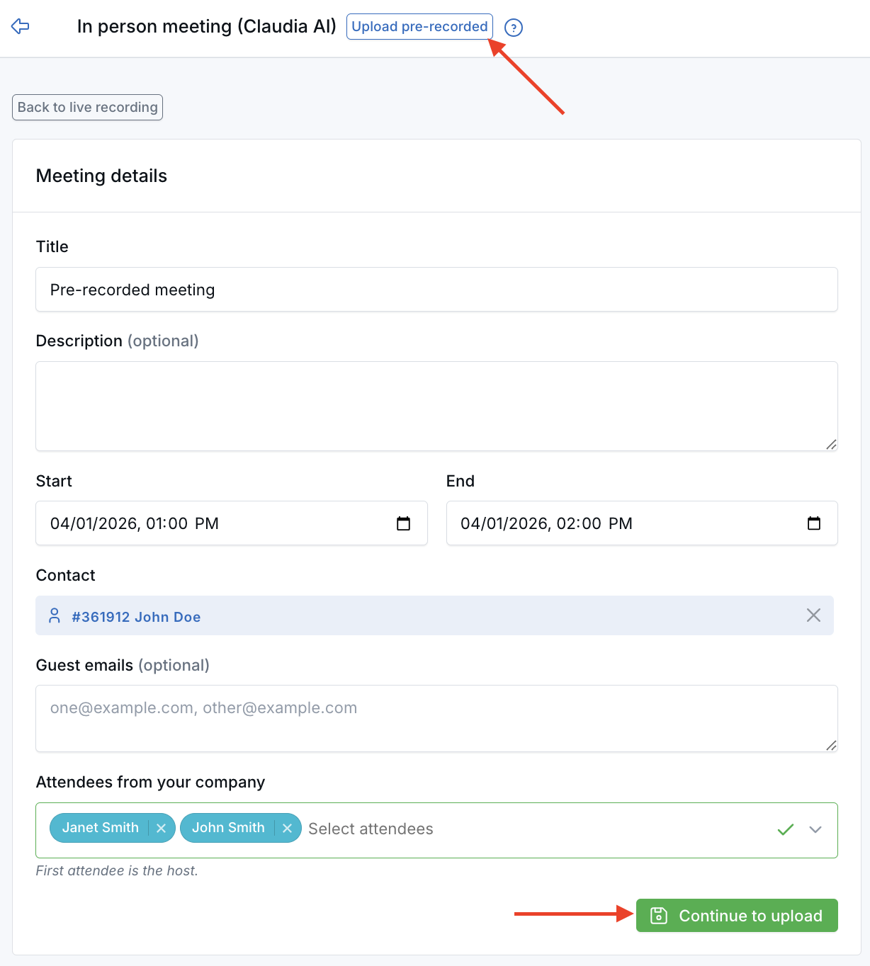 Upload pre-recorded Claudia AI page showing meeting details and the Continue to upload button
