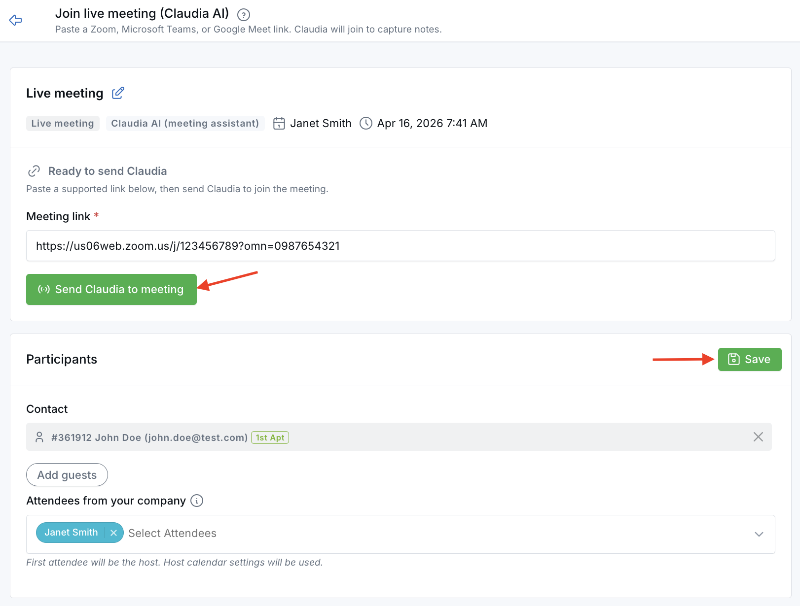 Join live meeting Claudia AI page showing the meeting link field and Send Claudia to meeting button