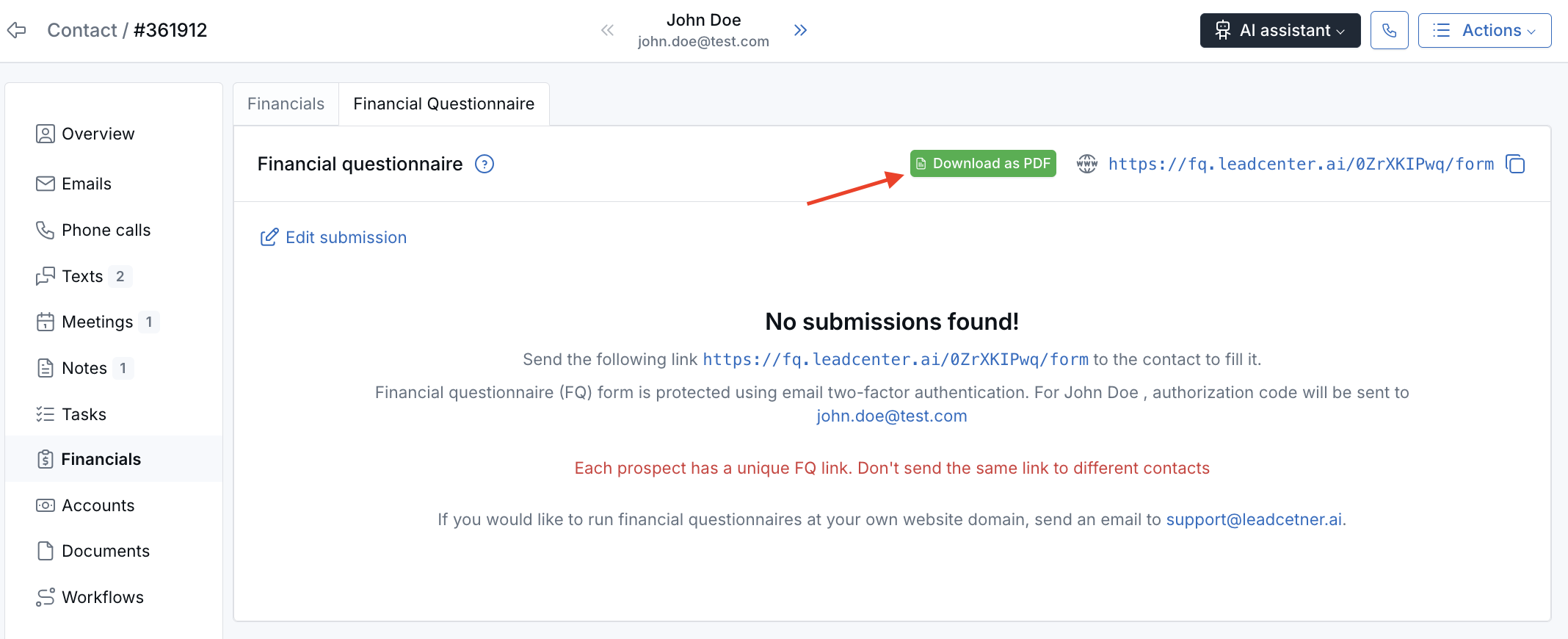 Financial Questionnaire tab showing the Download as PDF button